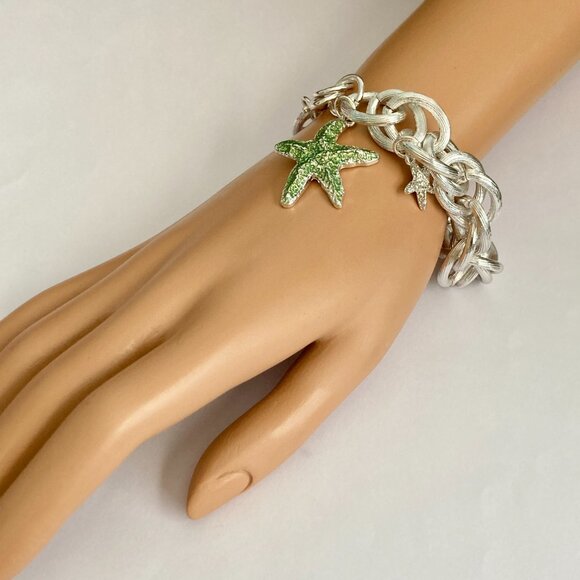 Silver Sea Life Starfish Charm Bracelet 8-8.5" Chain Beach Plus Size Plated - Picture 3 of 10